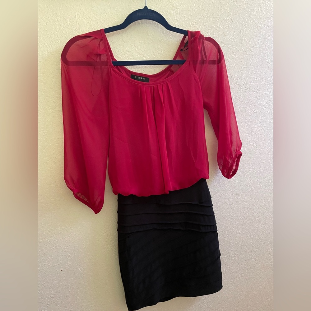 B. Smart Red and Black Sheer Puff Sleeve Dress